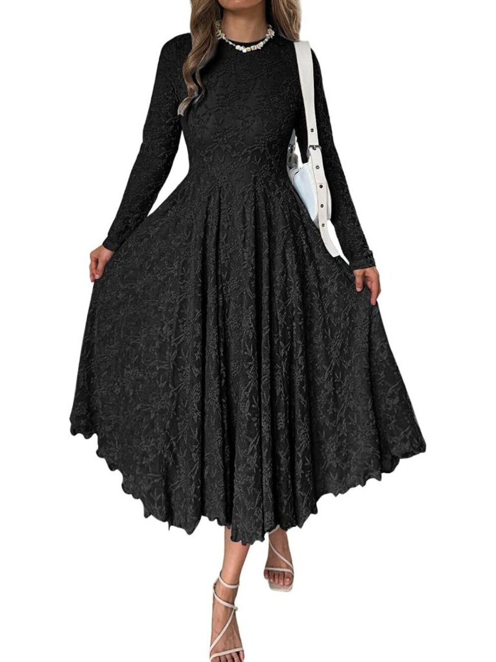 Women's Black Long Sleeve Round Neck Fall Wedding Guest Floral Maxi Dresses